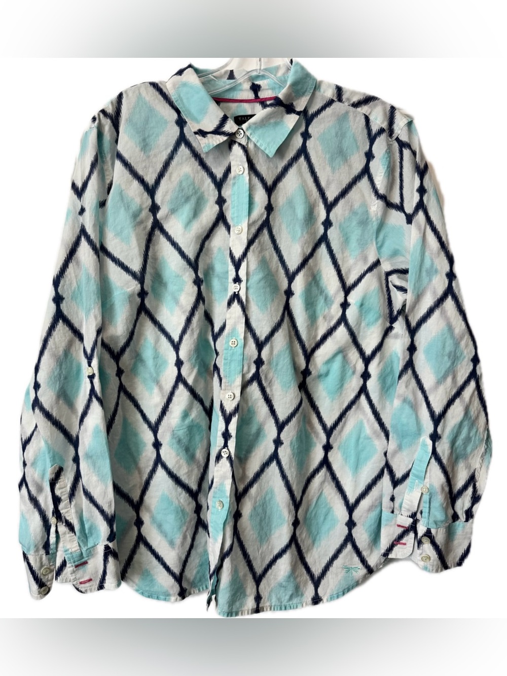Talbots Petites Ikat Print Button Down Lightweight Top XLP Aqua Navy Coastal